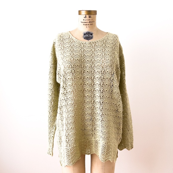 Vintage Fairy Open Knit Crochet Sweater Size L Green Scalloped Sleeve - Picture 1 of 10